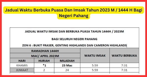 Jadual Waktu Imsak Berbuka Puasa Pahang Tahun 2023M 1444H
