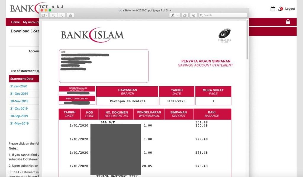 semak Bank Statement Bank Islam
